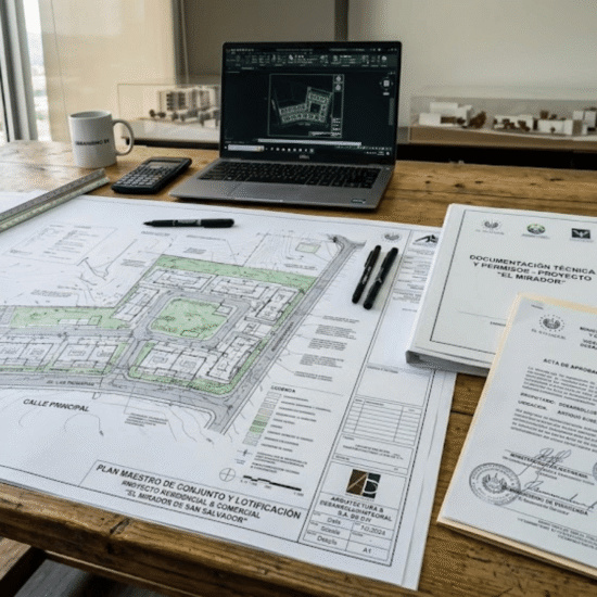 Planos técnicos y documentos de permisos para un proyecto urbano en El Salvador