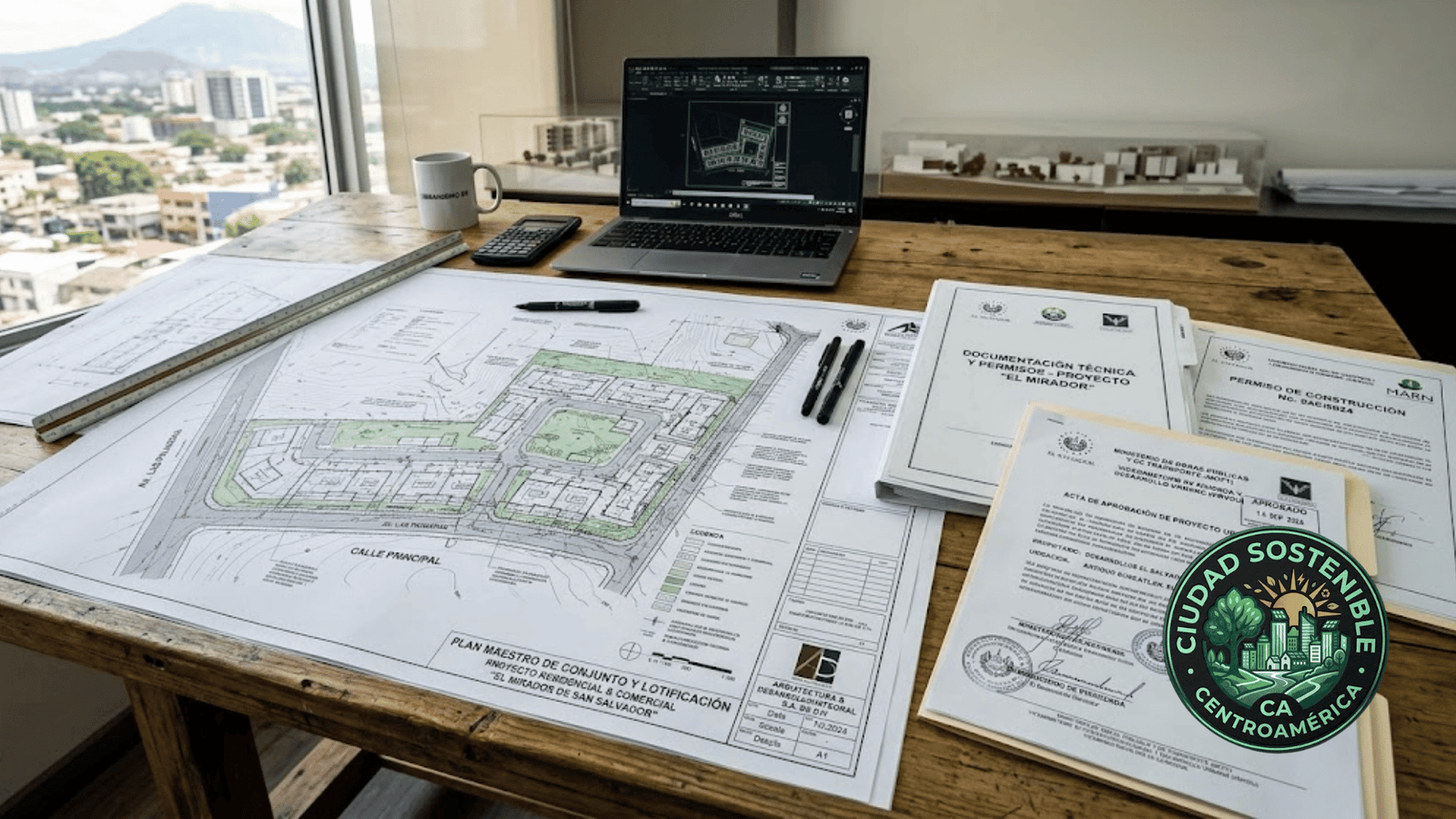 Planos técnicos y documentos de permisos para un proyecto urbano en El Salvador