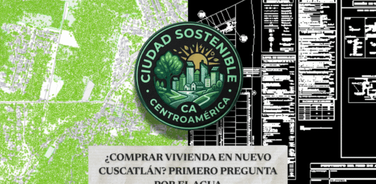 Gráfico de Ciudad Sostenible Centroamérica sobre la compra de viviendas en Nuevo Cuscatlán, que contrasta un mapa de áreas verdes con planos de construcción, y advierte sobre la disponibilidad de agua.