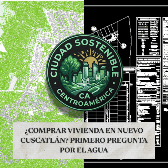 Gráfico de Ciudad Sostenible Centroamérica sobre la compra de viviendas en Nuevo Cuscatlán, que contrasta un mapa de áreas verdes con planos de construcción, y advierte sobre la disponibilidad de agua.