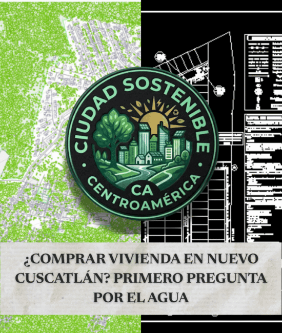 Gráfico de Ciudad Sostenible Centroamérica sobre la compra de viviendas en Nuevo Cuscatlán, que contrasta un mapa de áreas verdes con planos de construcción, y advierte sobre la disponibilidad de agua.