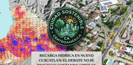 Gráfico de Ciudad Sostenible sobre el debate de la recarga hídrica en Nuevo Cuscatlán, que contrasta un mapa de zonas potenciales de absorción de agua con una vista aérea del desarrollo urbano en la zona.