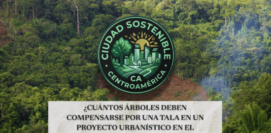 Gráfico de Ciudad Sostenible sobre la normativa de compensación de árboles por tala en proyectos urbanísticos de El Salvador, mostrando una zona boscosa con un área deforestada.