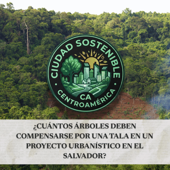 Gráfico de Ciudad Sostenible sobre la normativa de compensación de árboles por tala en proyectos urbanísticos de El Salvador, mostrando una zona boscosa con un área deforestada.