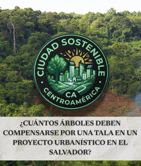 Gráfico de Ciudad Sostenible sobre la normativa de compensación de árboles por tala en proyectos urbanísticos de El Salvador, mostrando una zona boscosa con un área deforestada.