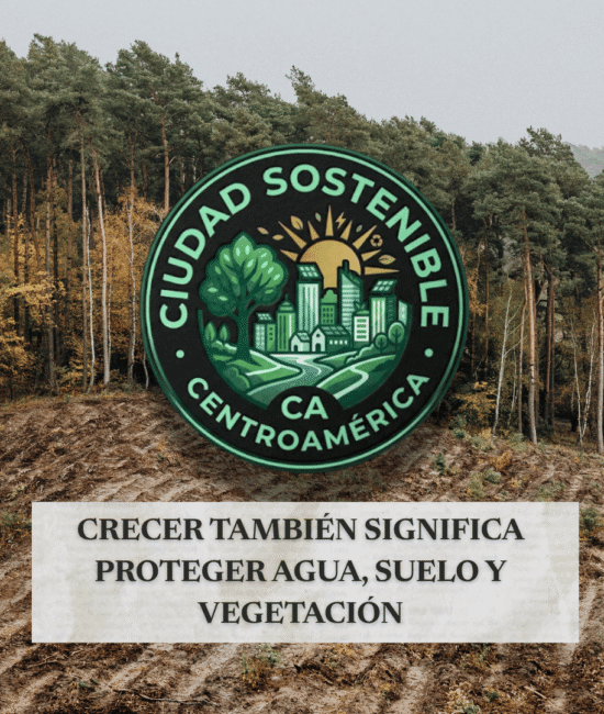 Gráfico de Ciudad Sostenible destacando que el crecimiento urbano debe proteger el agua, suelo y vegetación, mostrando el contraste entre un terreno deforestado y un bosque denso.