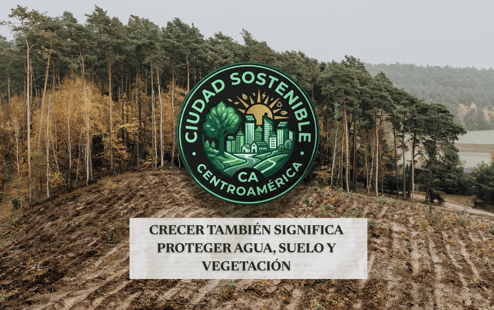 Gráfico de Ciudad Sostenible destacando que el crecimiento urbano debe proteger el agua, suelo y vegetación, mostrando el contraste entre un terreno deforestado y un bosque denso.