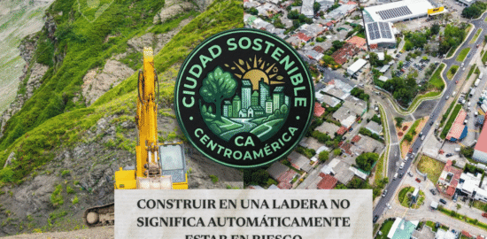 Gráfico de Ciudad Sostenible sobre la mitigación de riesgos en el desarrollo urbano, que contrasta una excavadora trabajando en la construcción de una ladera escarpada con una zona residencial ya urbanizada.