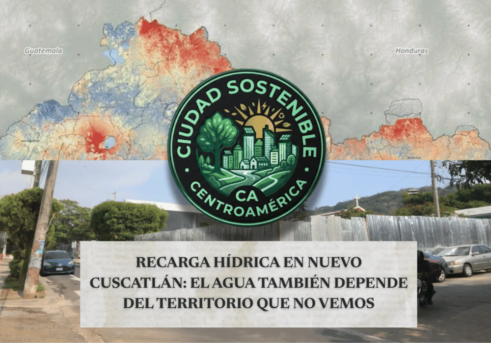 Gráfico de Ciudad Sostenible sobre la recarga hídrica en Nuevo Cuscatlán, contrastando un mapa territorial de El Salvador con una vista de calle local para explicar que el agua depende del territorio que no vemos.