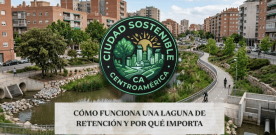 Gráfico de Ciudad Sostenible sobre cómo funciona una laguna de retención y por qué importa[cite: 14], mostrando un parque urbano que integra un canal de manejo de aguas rodeado de áreas verdes, senderos peatonales y edificios residenciales[cite: 14].