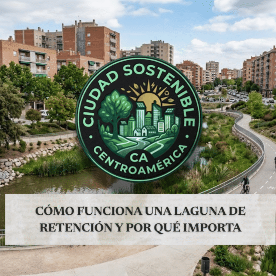 Gráfico de Ciudad Sostenible sobre cómo funciona una laguna de retención y por qué importa[cite: 14], mostrando un parque urbano que integra un canal de manejo de aguas rodeado de áreas verdes, senderos peatonales y edificios residenciales[cite: 14].