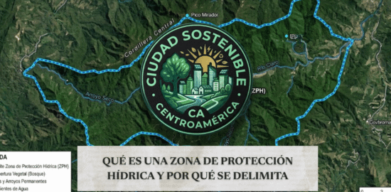 Gráfico de Ciudad Sostenible explicando qué es una zona de protección hídrica y por qué se delimita, ilustrado con un mapa satelital que muestra áreas boscosas y ríos delimitados por fronteras azules[cite: 15].