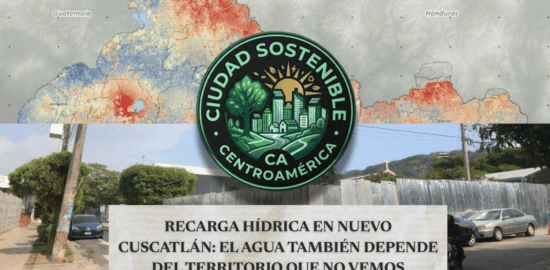 Gráfico de Ciudad Sostenible sobre la recarga hídrica en Nuevo Cuscatlán, contrastando un mapa territorial de El Salvador con una vista de calle local para explicar que el agua depende del territorio que no vemos.