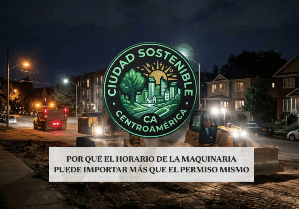 Maquinaria pesada circulando de noche cerca de una zona residencial