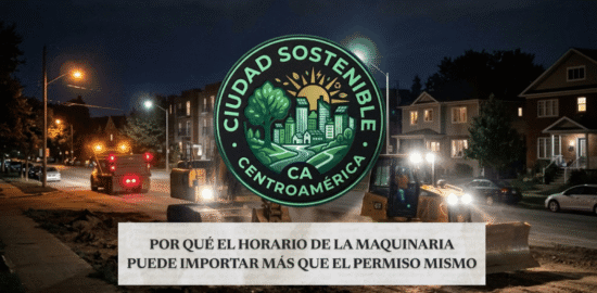 Maquinaria pesada circulando de noche cerca de una zona residencial