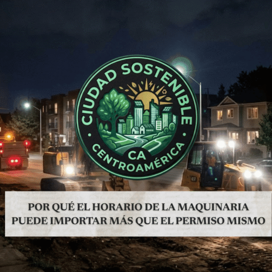 Maquinaria pesada circulando de noche cerca de una zona residencial