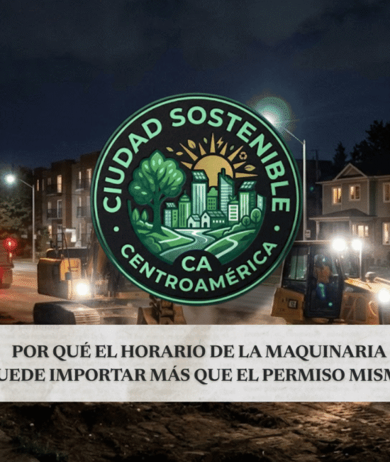 Maquinaria pesada circulando de noche cerca de una zona residencial