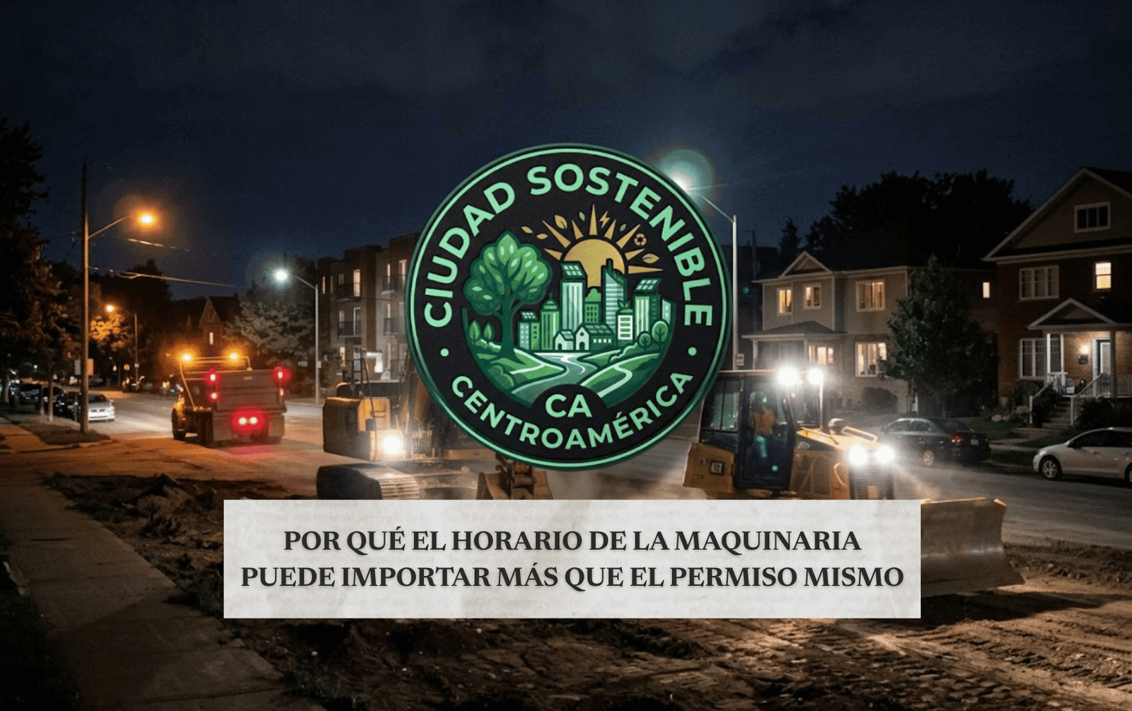 Maquinaria pesada circulando de noche cerca de una zona residencial