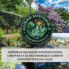 Collage sobre urbanismo sostenible en El Salvador que incluye un jardín vertical, la plaza Salvador del Mundo con árboles floridos, un estanque natural y una vista aérea de la ciudad. Al centro lleva el logo de "Ciudad Sostenible Centroamérica" y el texto "Ejemplos reales de intervenciones urbanas en El Salvador que cambian cómo se vive una calle".